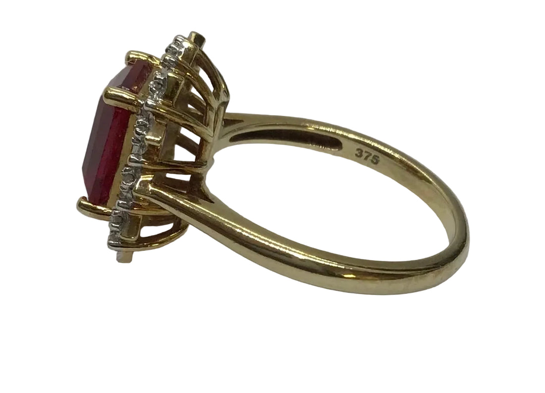 Ladies 9ct Gold Created Ruby & Diamonds Frame Ring (Size M) Ref#513317