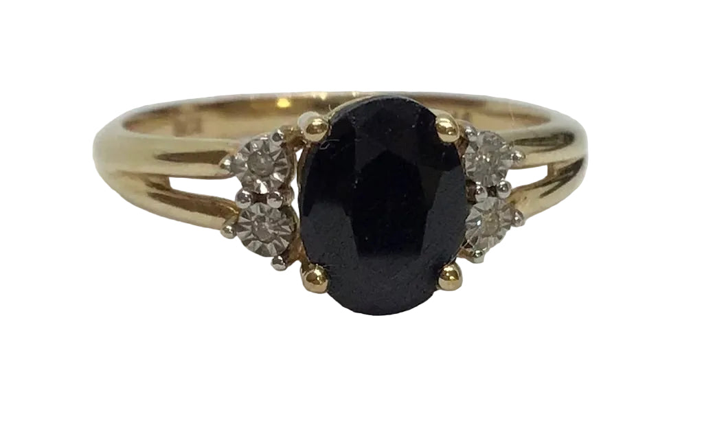 Ladies 9ct Gold Black Sapphire with Diamonds Ring (Size O) Ref#513318