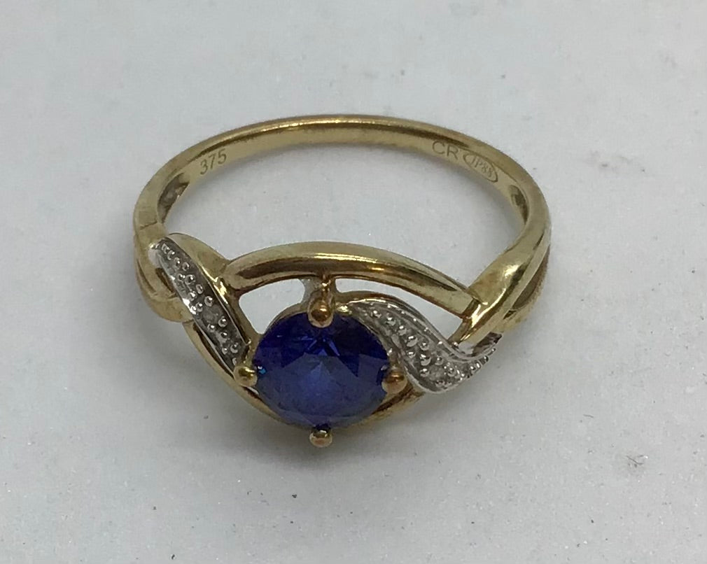 Ladies 9ct Gold Created Sapphire with Diamonds Ring (Size O) Ref#513312