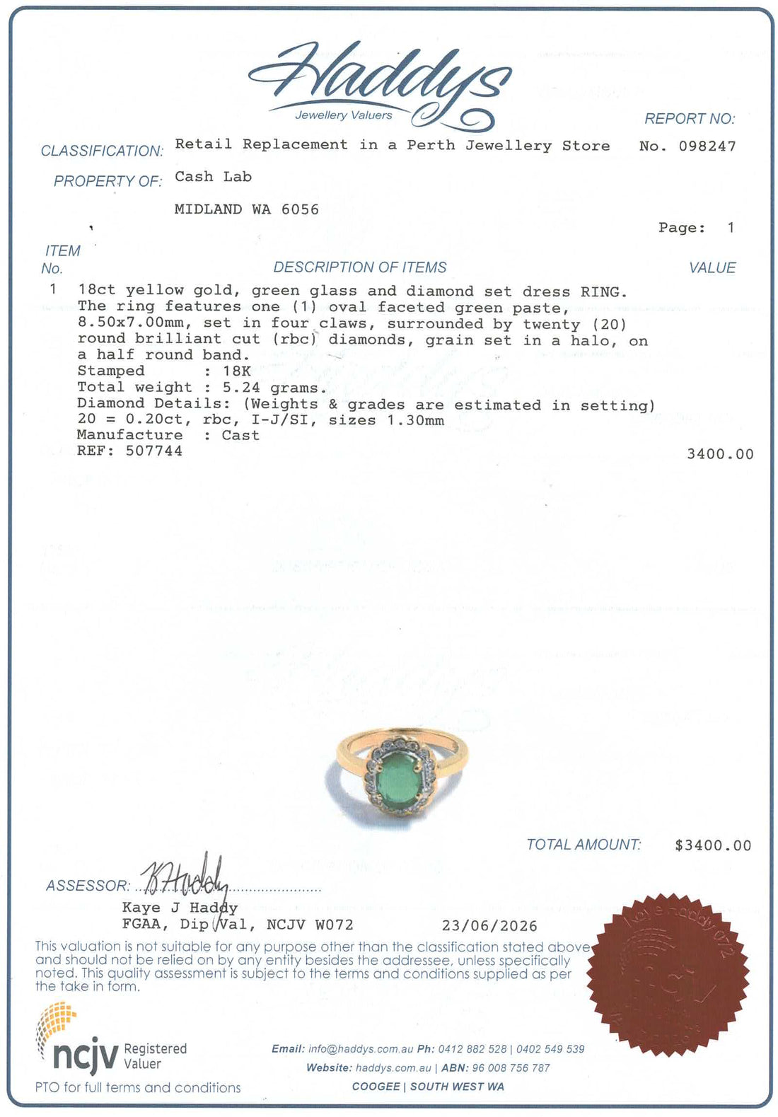 Unisex 18ct Yellow Gold Green Glass & Diamond Dress Ring (Size L) - 507744