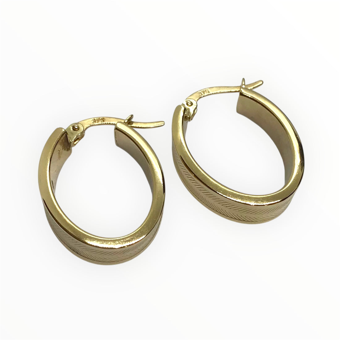 Ladies 9ct Gold Patterned Hoop Earrings (1.5cm Diameter) Ref#512920