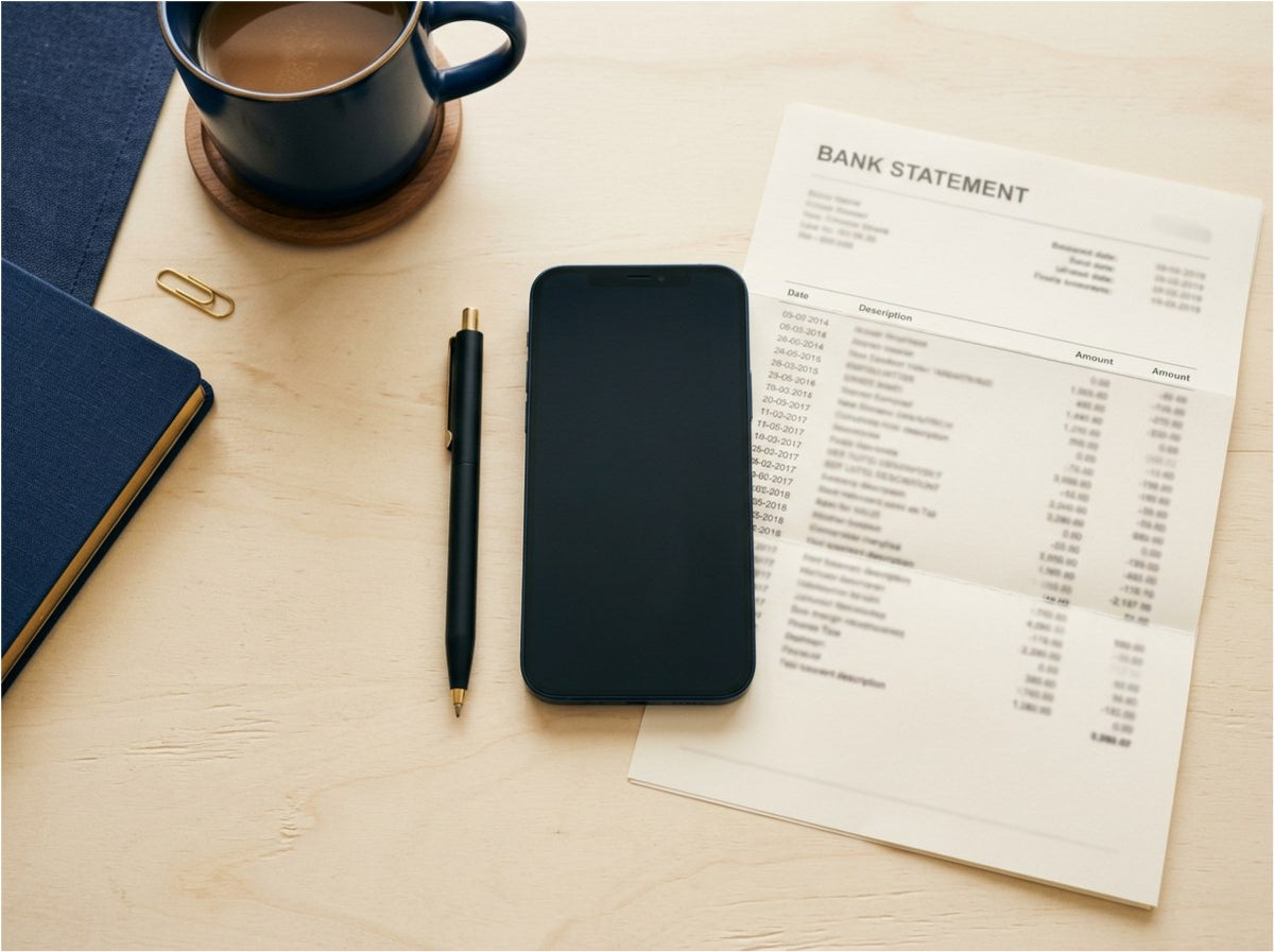 A phone, notebook, pen and a bank statement on a wooden desk