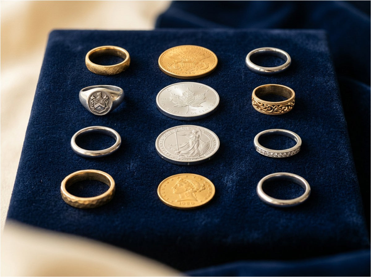 Gold and silver rings and coins arranged in rows on a navy velvet tray