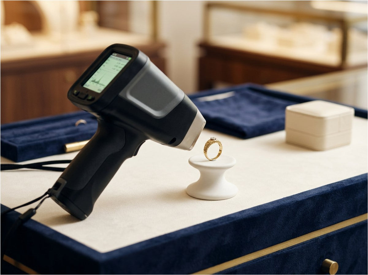 A handheld XRF analyser pointed at a gold ring on a small white stand, its screen showing a spectrum reading