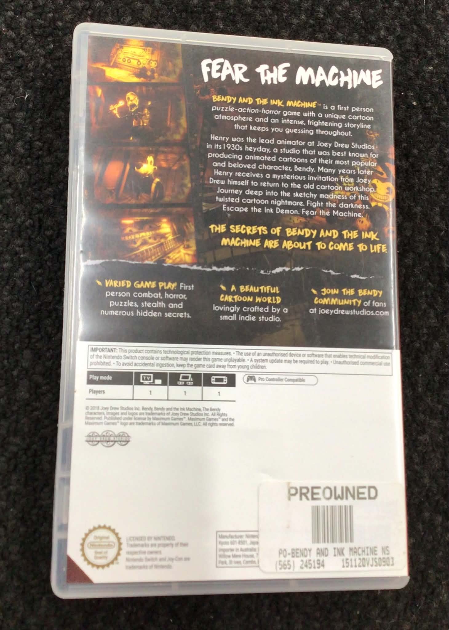 Nintendo Switch Game Cartridge Bendy and The Ink Machine Ref#512282