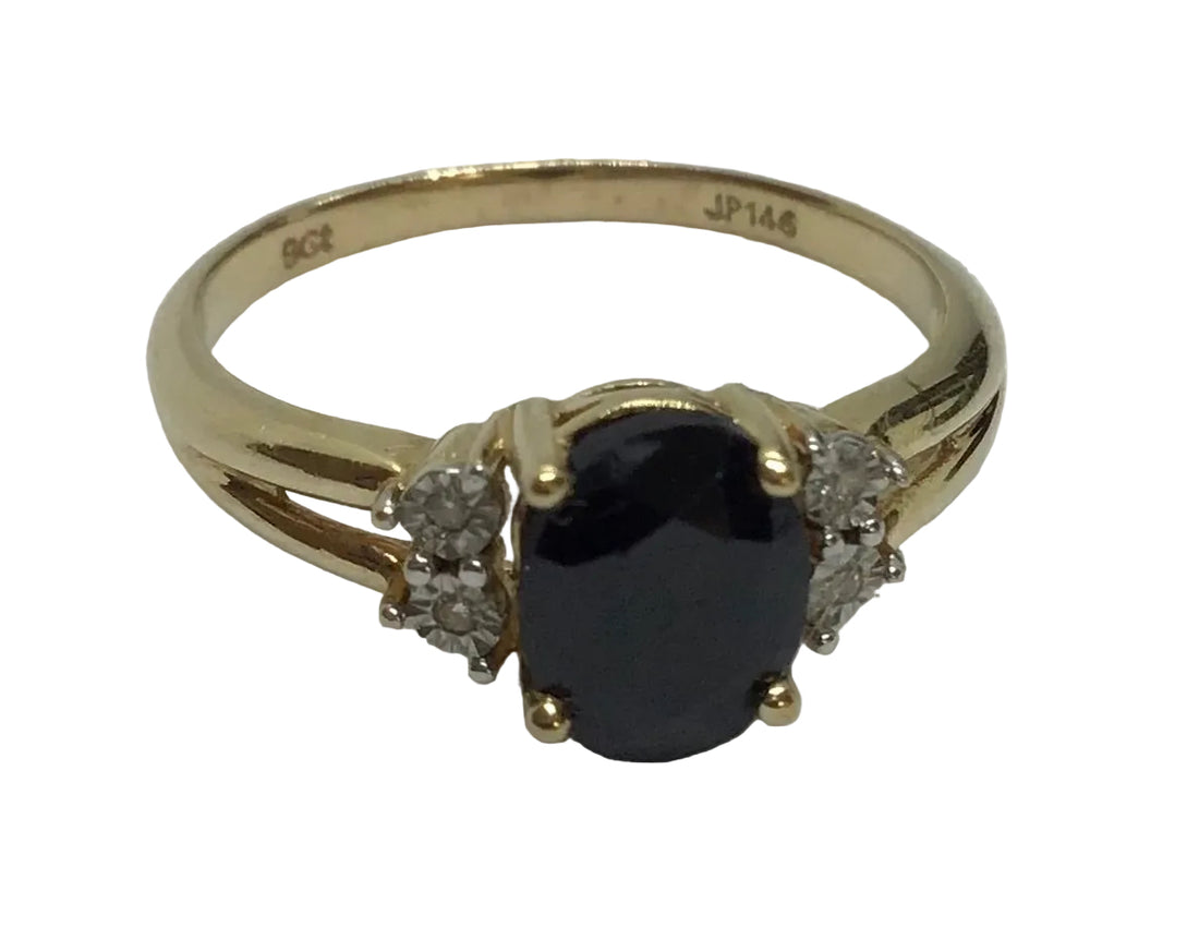Ladies 9ct Gold Black Sapphire with Diamonds Ring (Size O) Ref#513318