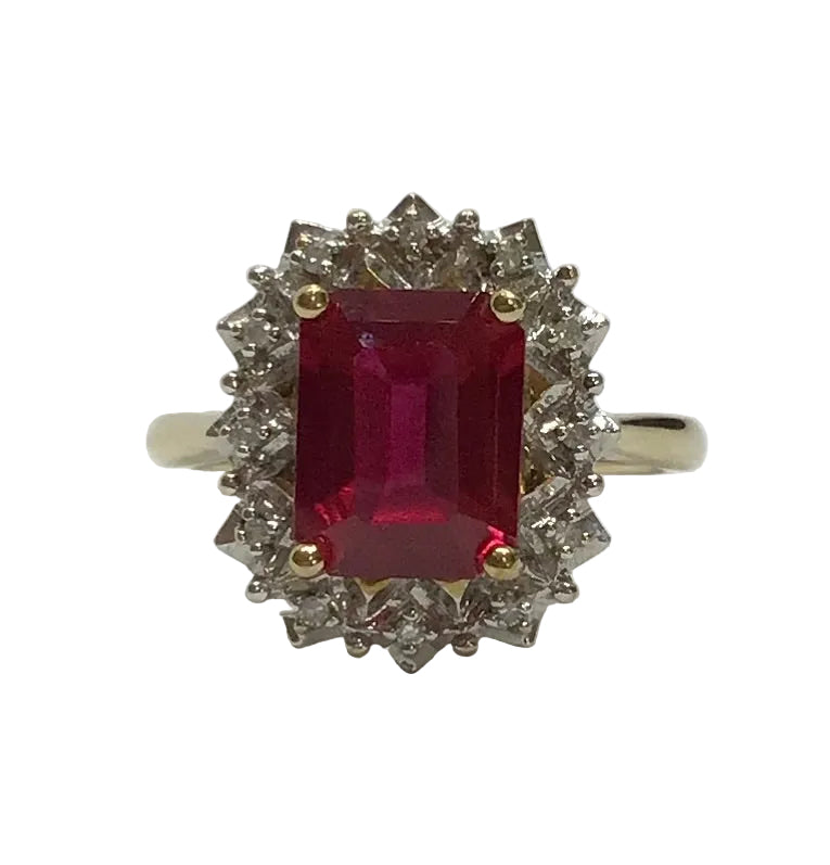 Ladies 9ct Gold Created Ruby & Diamonds Frame Ring (Size M) Ref#513317