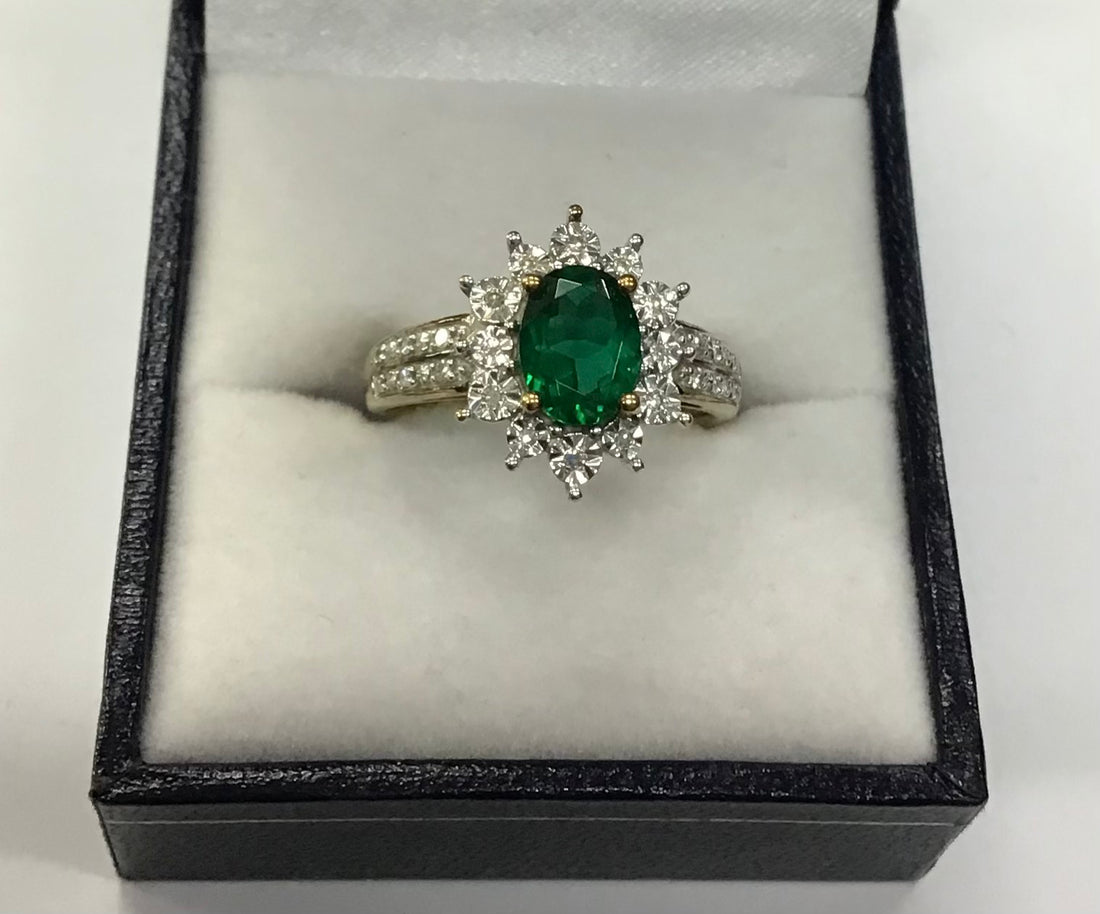 Ladies 9ct Gold Created Emerald & Diamond Ring (Size O) Ref#513315