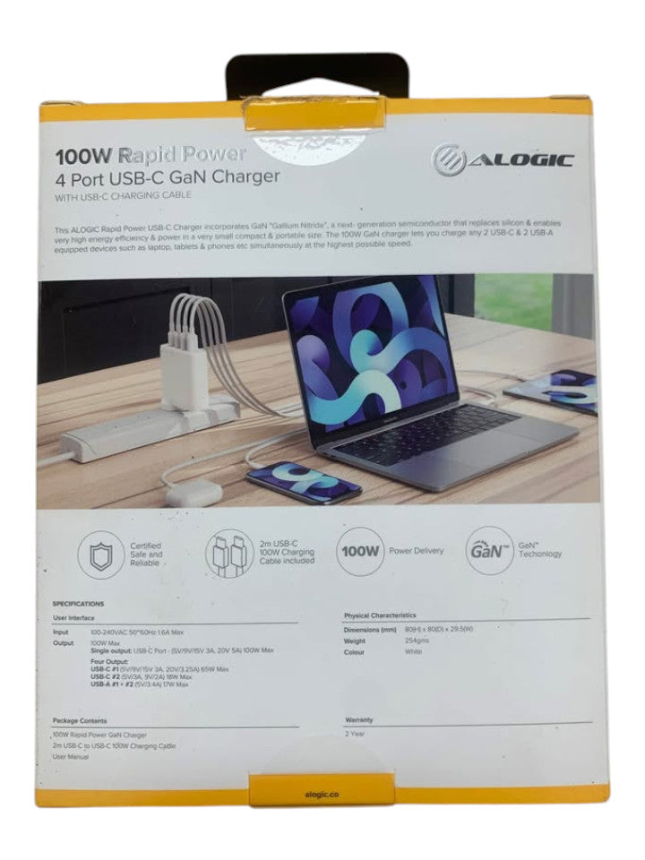 ALOGIC - 100W RAPID POWER 4 PORT USB-C GaN CHARGER WITH USB-C CABLE - 265822