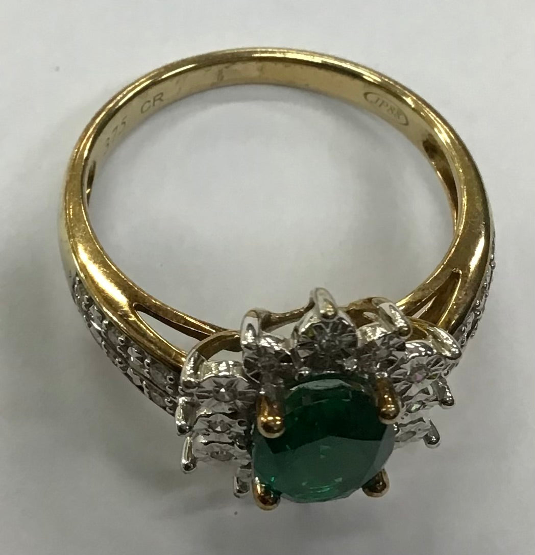 Ladies 9ct Gold Created Emerald & Diamond Ring (Size O) Ref#513315