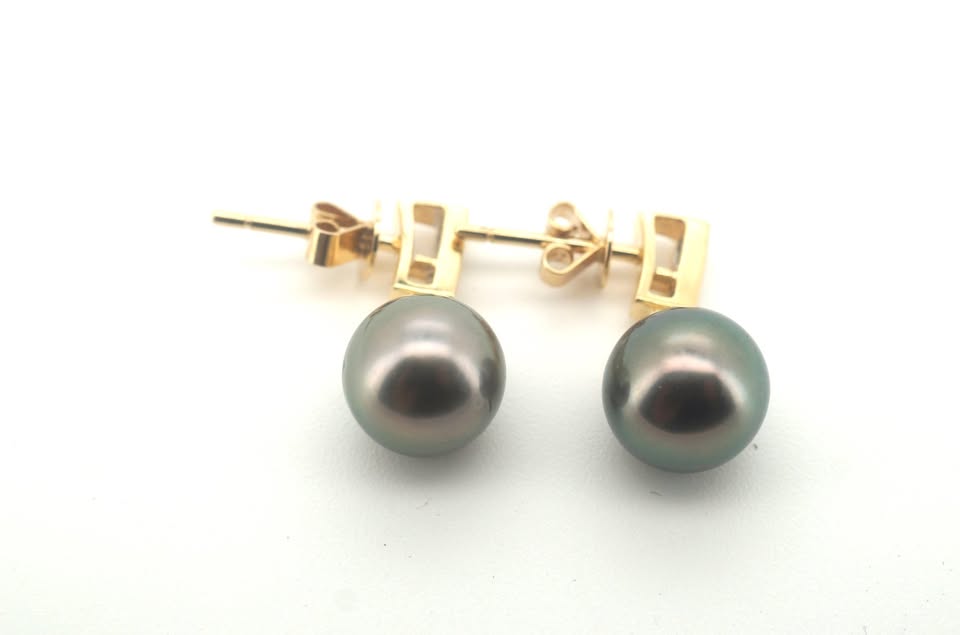 14ct Yellow Gold Tahitian Pearl & Diamond Earrings - 500672