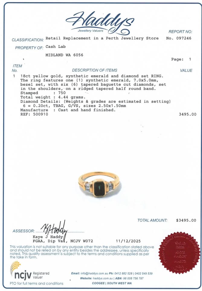 18ct Yellow Gold Synthetic Emerald & Diamond Ring (Size N) - 500910