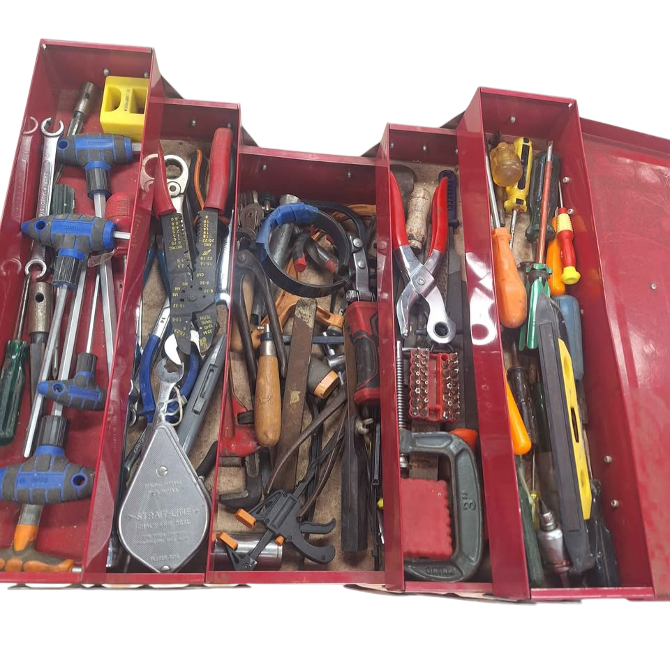 CANTILEVER METAL TOOLBOX WITH ASSORTED TOOLS. 505436