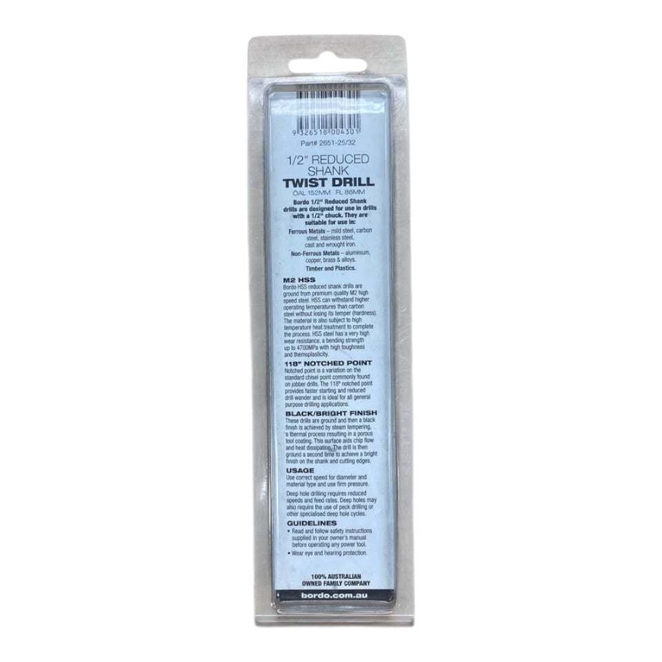 BORDO Reduced Shank Twist HSS Drill Bit (25/32”, 1/2” Reduced Shank) - 511813