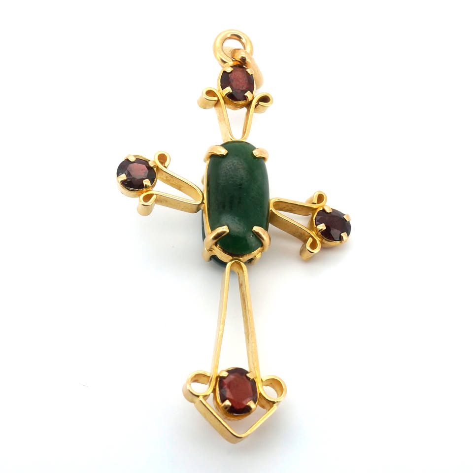 18ct Yellow Gold Nephrite Jade & Garnet Pendant - 508602