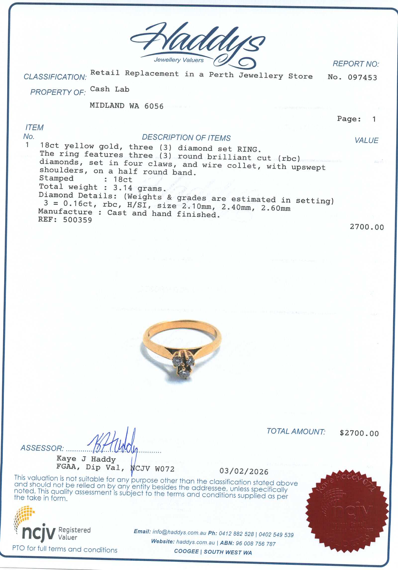 Unisex 18ct Yellow Gold Triple Diamond Ring (Size M) - 500359