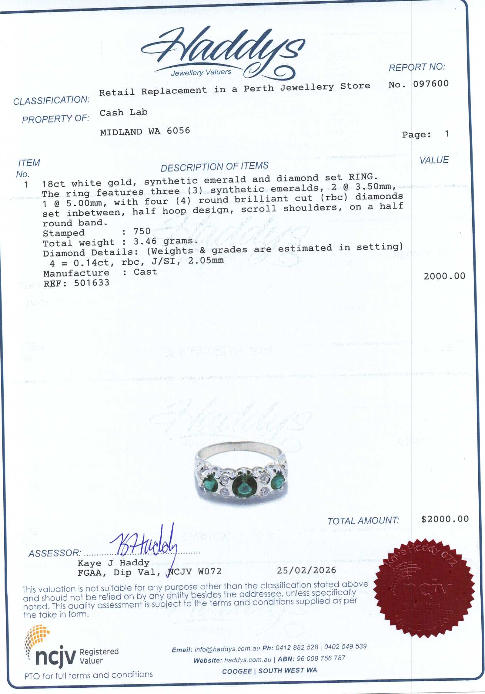 18ct White Gold Synthetic Emerald & Diamond Ring (Size N) - 501633