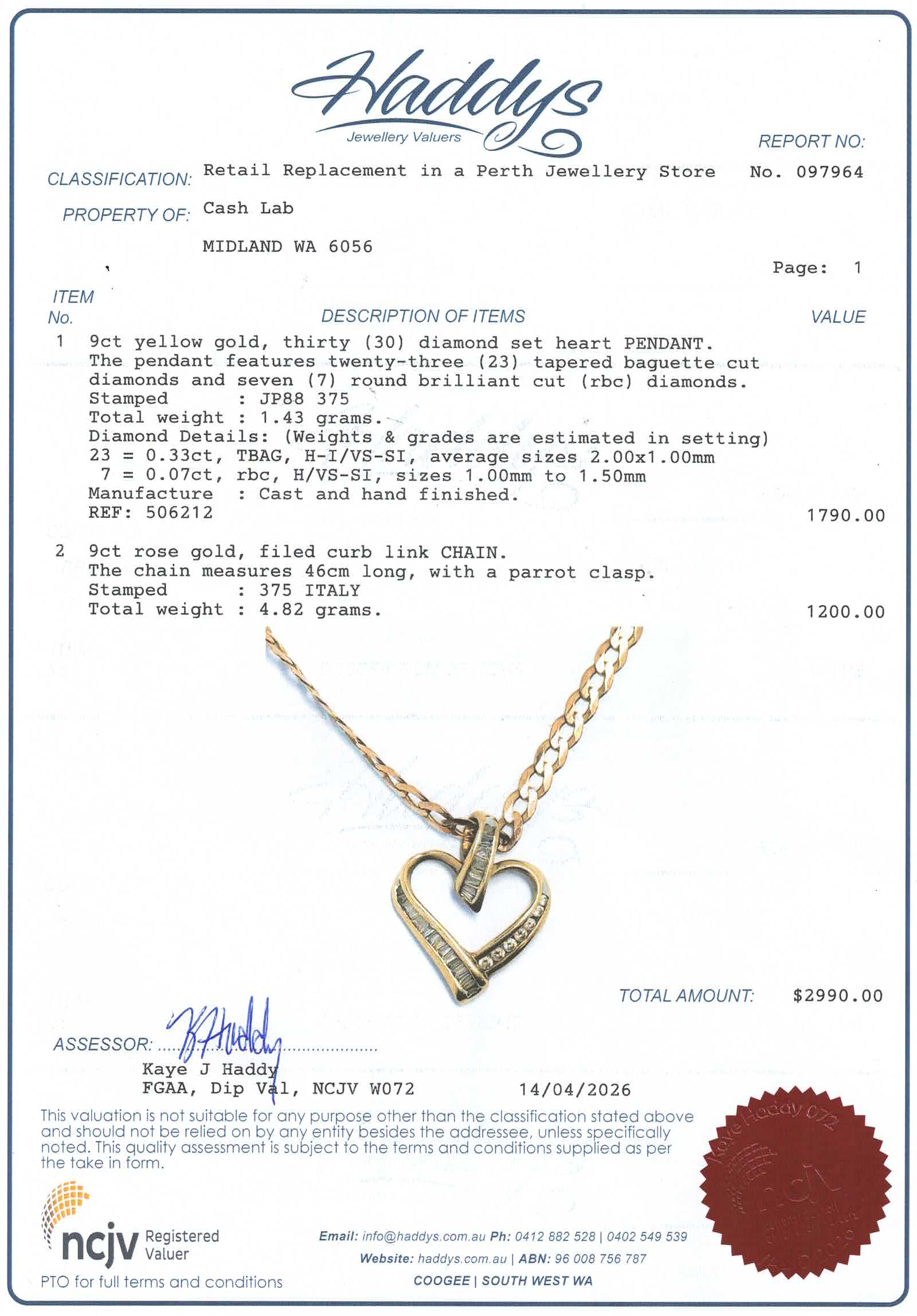 9ct Rose Gold Necklace with 9ct Heart Pendant (47cm) - 506212