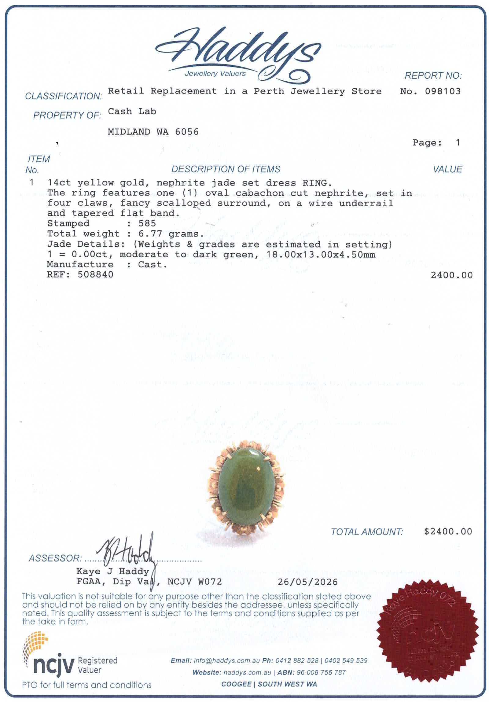 Unisex 14ct Yellow Gold Nephrite Jade Dress Ring (Size P) - 508840