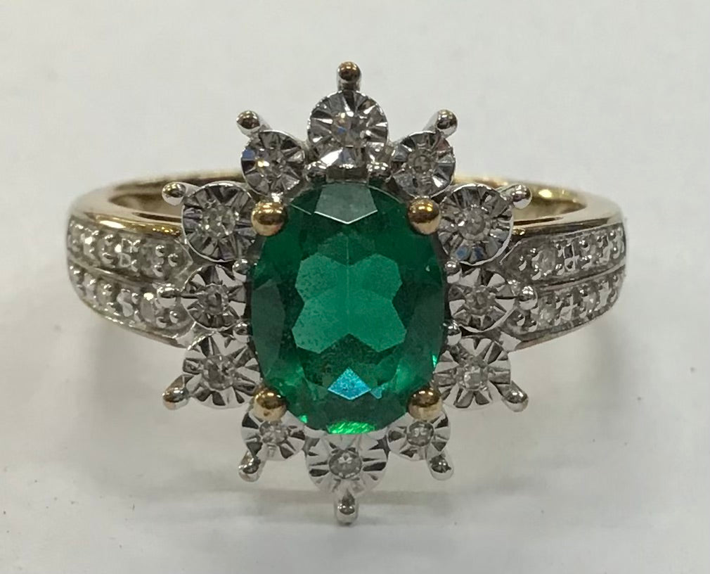 Ladies 9ct Gold Created Emerald & Diamond Ring (Size O) Ref#513315
