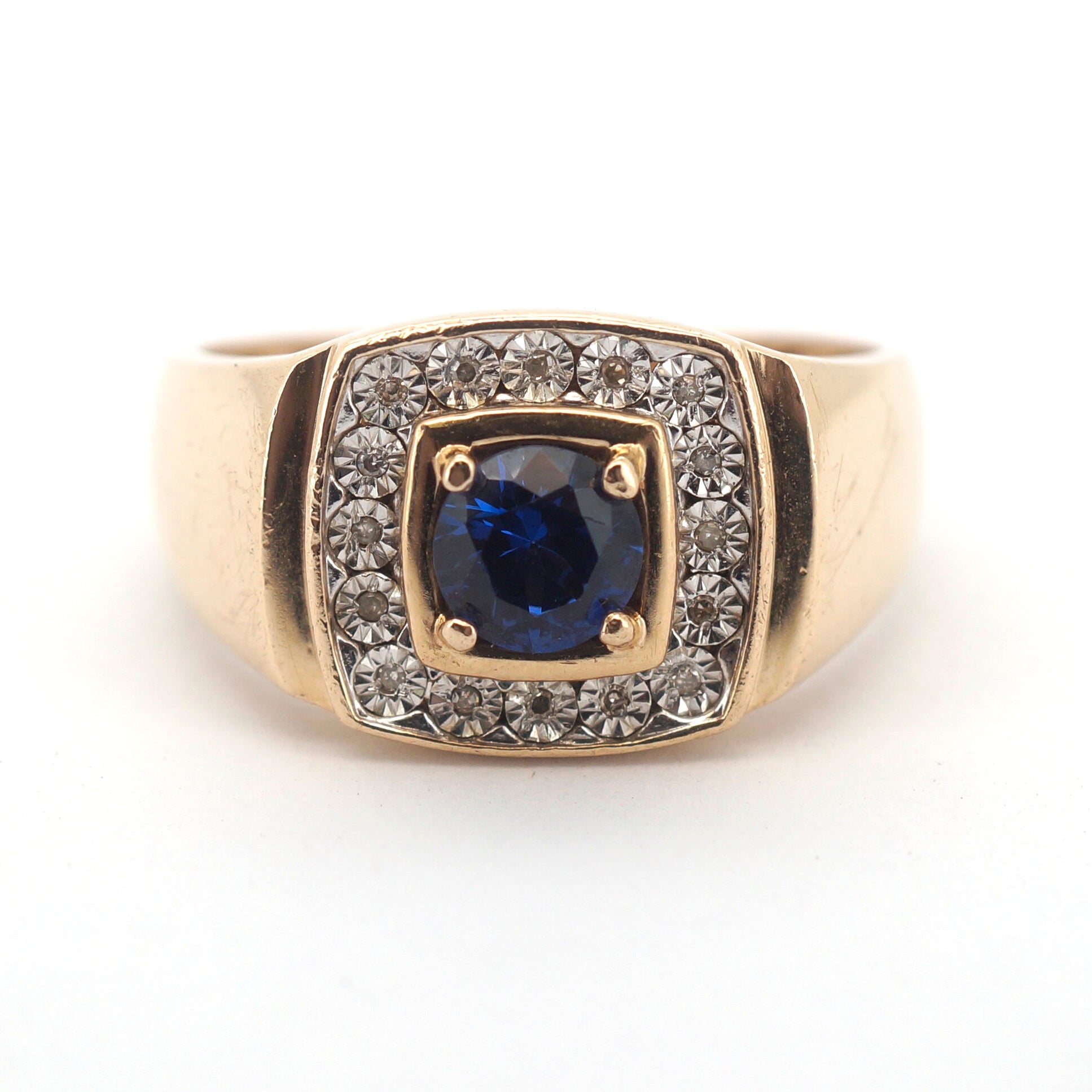 Men's 9ct Yellow Gold Synthetic Sapphire & Diamond Ring (Size W) - 510056