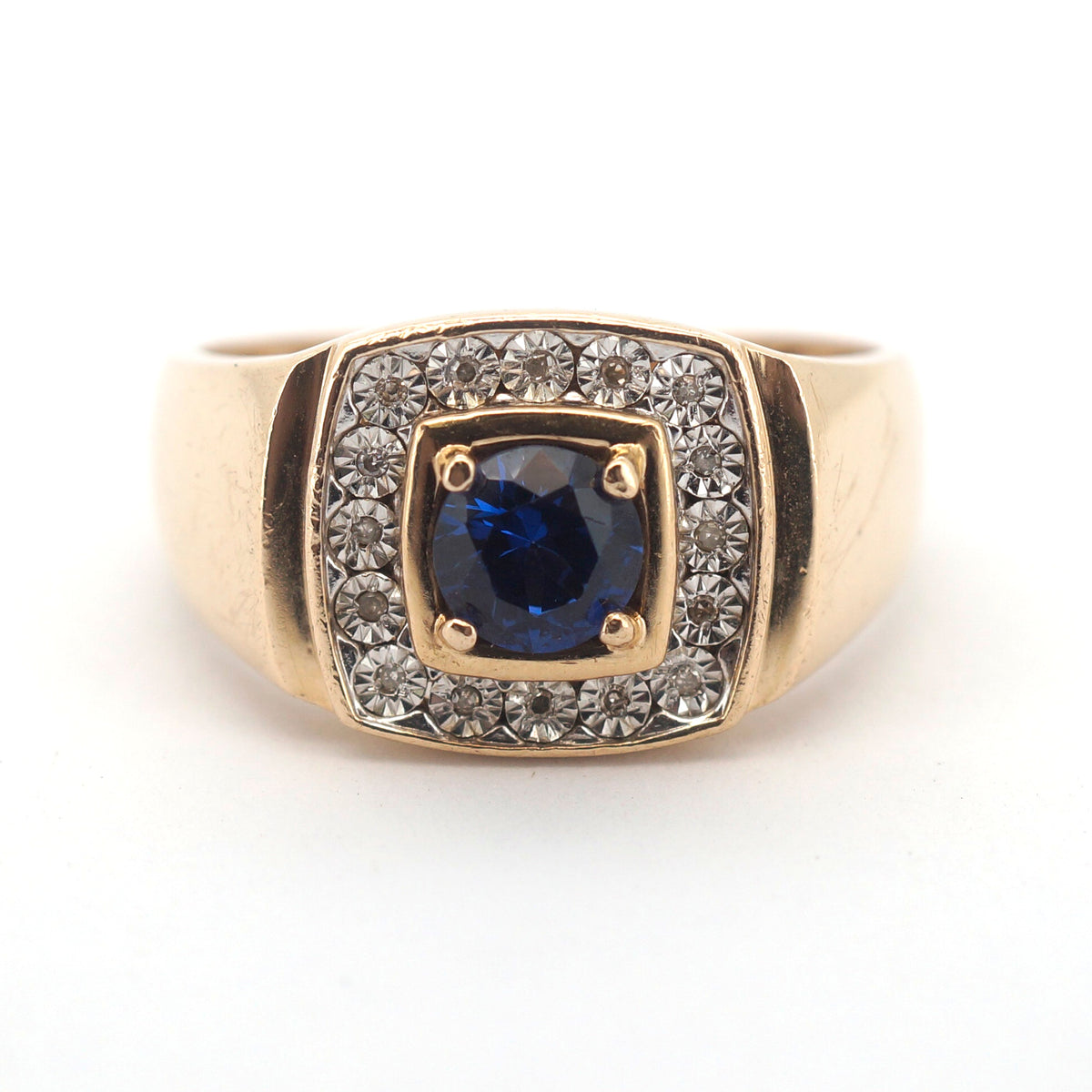 Men's 9ct Yellow Gold Synthetic Sapphire & Diamond Ring (Size W) - 510056