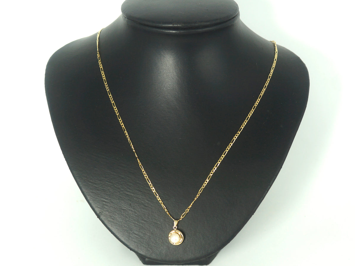 Ladies 9ct Yellow Gold Figaro Link Necklace & Pearl Pendant - 504630