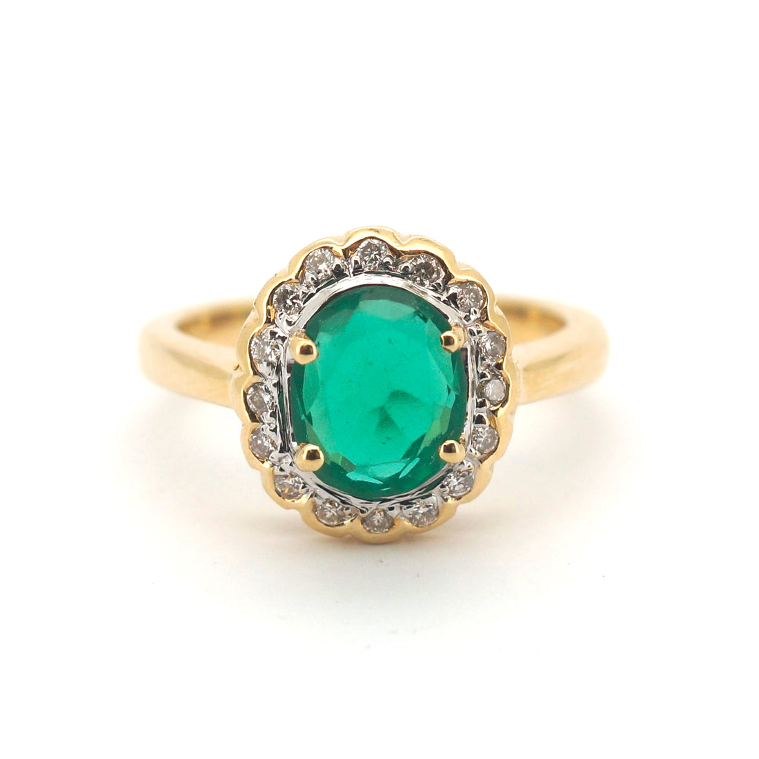 Unisex 18ct Yellow Gold Green Glass & Diamond Dress Ring (Size L) - 507744