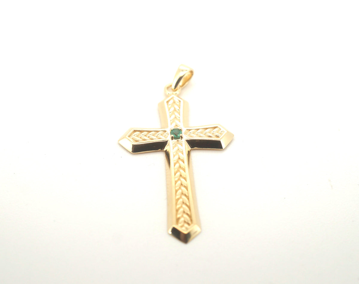 Solid 18CT Yellow Gold Cross Pendant With Green Stone (2.79g) - 505340-1