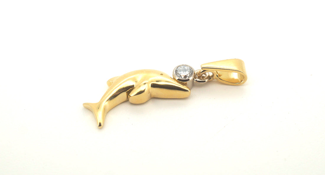 18ct Yellow Gold Dolphin Themed Diamond Pendant - 23759
