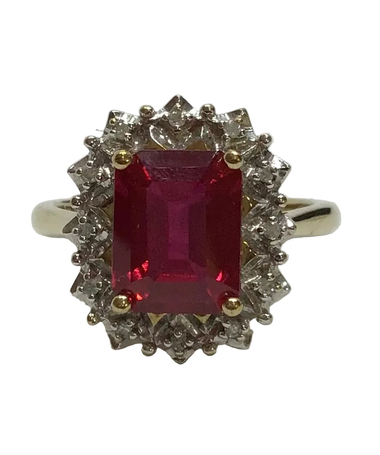Ladies 9ct Gold Created Ruby & Diamonds Frame Ring (Size M) Ref#513317