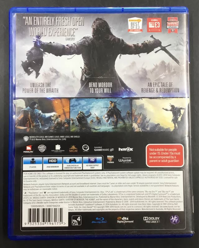 PS4 GAME MIDDLE EARTH SHADOW of MORDOR Ref#505215