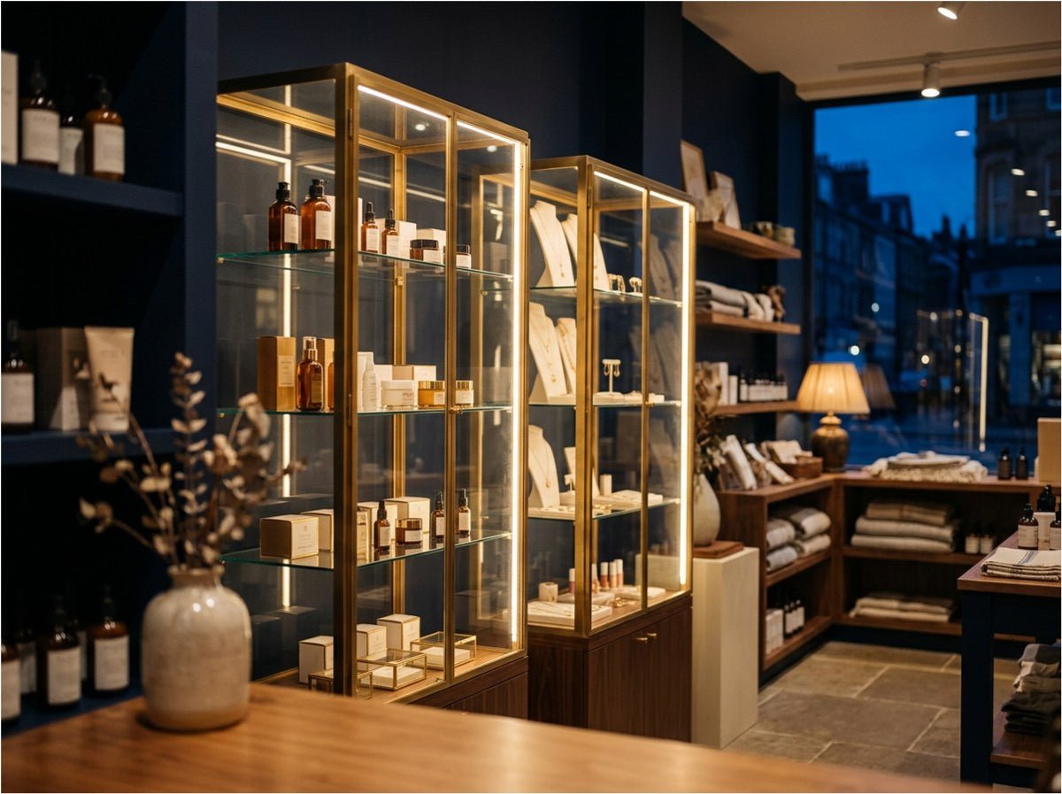 Brass-framed glass display cabinets in a navy-walled boutique at dusk