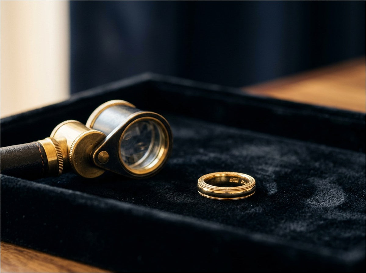 A gold ring and a brass jeweller's loupe on black velvet