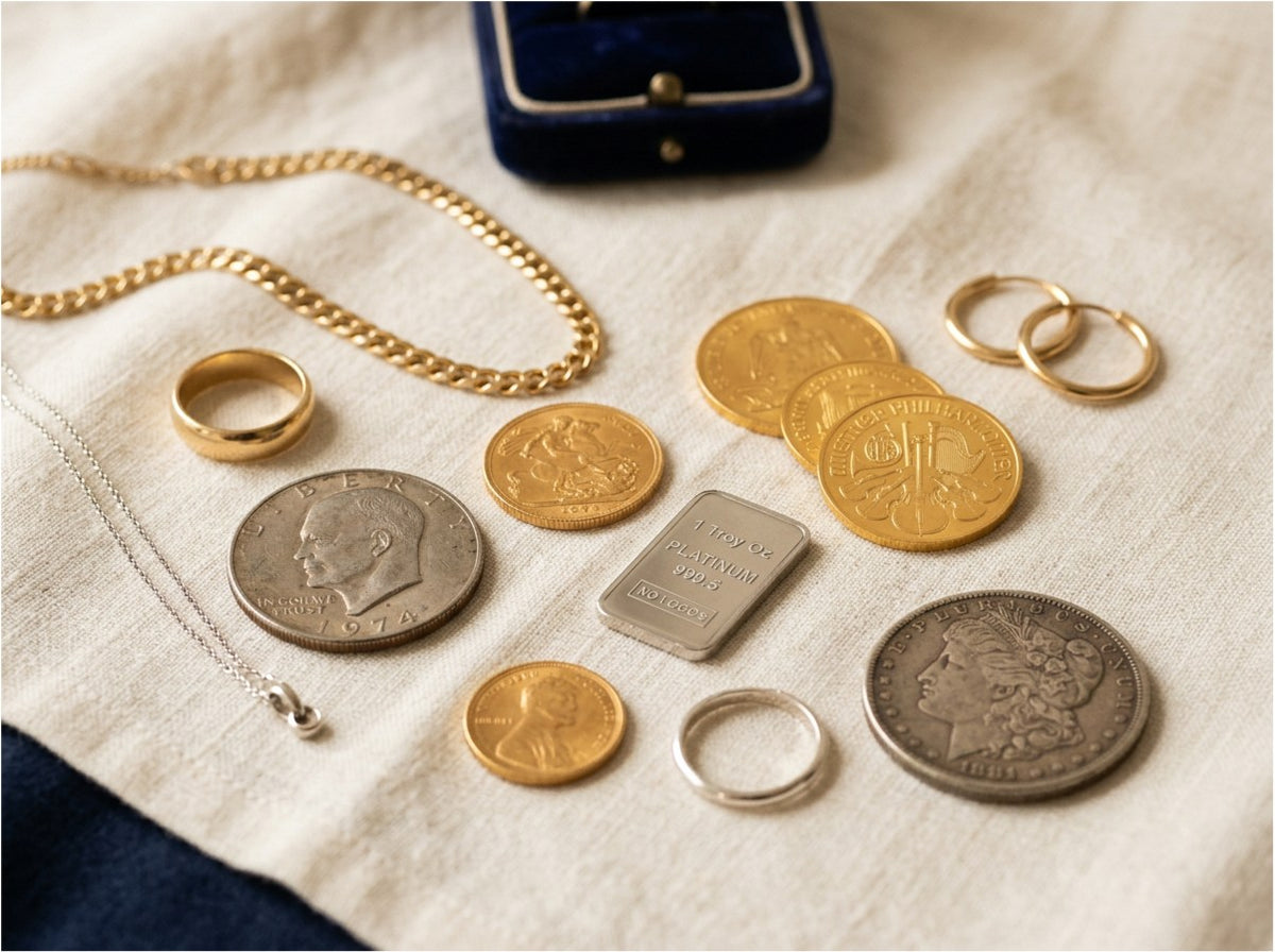 Gold chains, rings, hoop earrings, gold and silver coins and a platinum bar laid out on cream linen beside a navy ring box