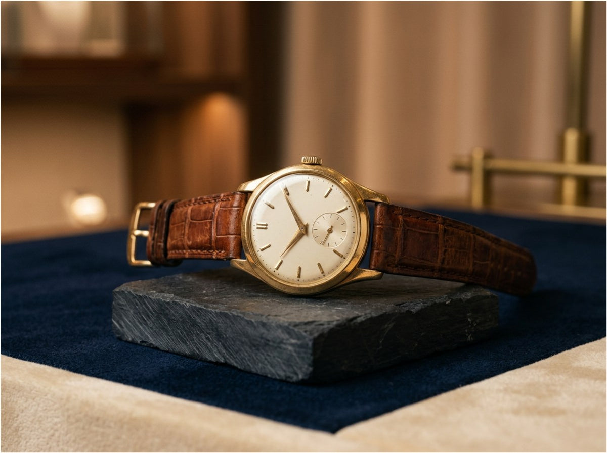A vintage gold watch on a brown leather strap, resting on a slate block over navy velvet