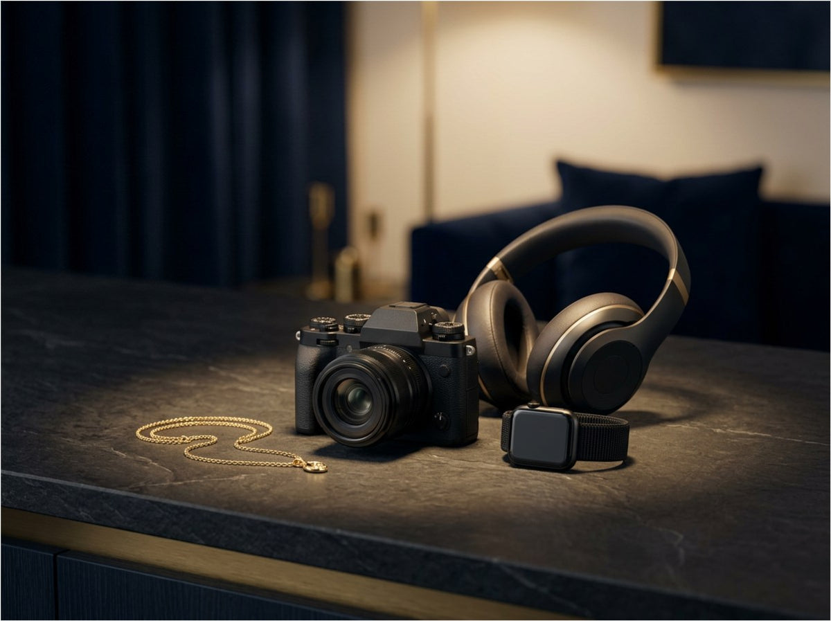 A camera, headphones, smartwatch and gold necklace on a dark stone counter