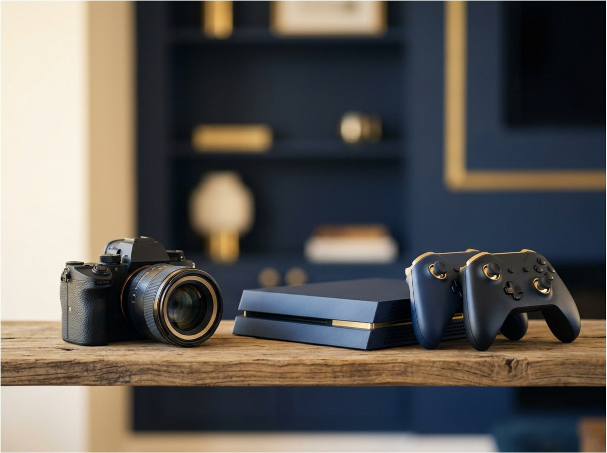 A camera body and leather strap on a slate surface